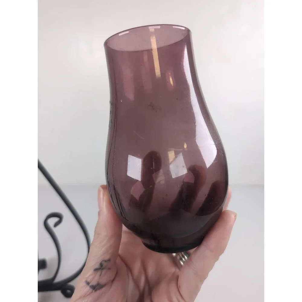 Black Metal Hanging Candle Holder W/Purple Glass Hurricane Footed Vintage Boho
